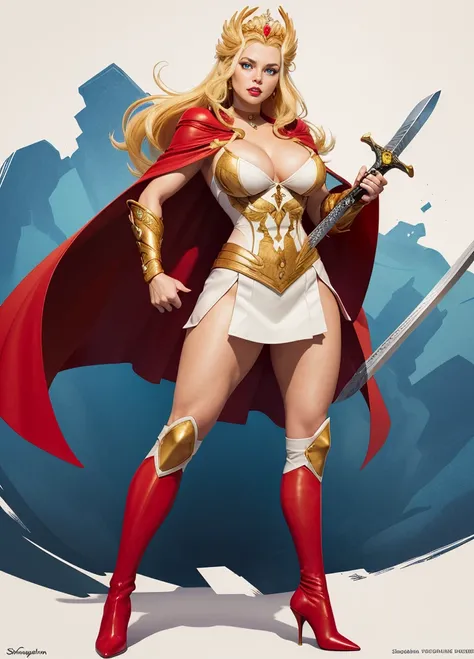 cartoon,(best quality:1.17), (masterpiece:1.17), (detailed:1.15), by Rob Liefeld, style of Neal Adams,
blond hair, 1girl, solo, long hair, breasts, blue eyes, blonde hair, dress, cleavage, jewelry, medium breasts, full body, weapon, boots, choker, sword, cape, white dress, high heels, cosplay, makeup, knee boots, tiara, lipstick, black background, high heel boots, gold tiara, cartoon, SheRaQuiron, holding sword, red cape, superhero, yellow footwear,
SheRaQuiron character, 1girl, bue eyes, rampage, <lora:quiron_SheRa_V2_lora:0.77>