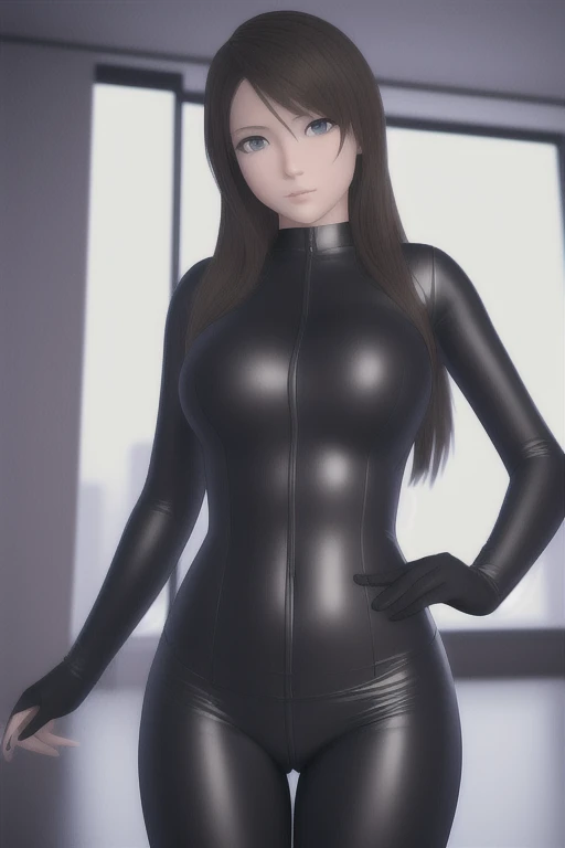 beautiful young girl, wearing a tight suit,reflections,belly button,living room, raytraced, 3D, 1 girl, solo, pretty, stunning, beautiful, focus