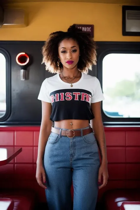 A stunning intricate full color portrait of a black woman,wearing White t-shirt, tartan pants, and studded leather belt, Old-school Diner with Jukebox, having fun, epic character composition,by ilya kuvshinov, alessio albi, nina masic,sharp focus, natural lighting, subsurface scattering, f2, 35mm, film grain, full body in the picture, (nose ring) <lora:skindia-000004:1>