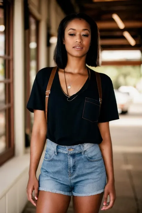 A stunning intricate full color portrait of a black woman,wearing White oversized tee, black suspenders, ripped jeans, and combat boots, Eclectic Thrift Store with 80s Fashion, having fun, epic character composition,by ilya kuvshinov, alessio albi, nina masic,sharp focus, natural lighting, subsurface scattering, f2, 35mm, film grain, portait, closeup, very detailed skin texture <lora:skindia-000004:1>