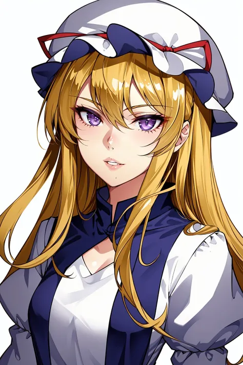 1girl, solo, hat, yakumo yukari, blonde hair, purple eyes, ribbon, white background, hat ribbon, mob cap, parted lips, looking at viewer, sidelocks, lips, hair up, smile, tabard, long hair, upper body, dress, portrait, white dress,saburou,(mature female:1.16),<lora:saburou-v1-lora-any-5ep-resize:0.7>