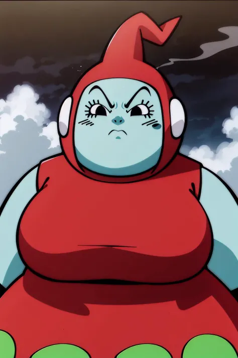 brianne, 1girl, after_transformation, solo, looking at viewer, red hood, ear cuff, closed mouth, black eyes, colored skin, arms at sides, out of frame, breasts, dark cloud, blue skin, cloud, eyebrows, eyelashes, frown, looking at another, multicolored dress, red dress, sleeveless dress, upper body, v-shaped eyebrows, nostrils, fat, plump, large breasts, yellow gloves, red ahoge, smoke, fire
<lora:BriannedeChateau:0.7>