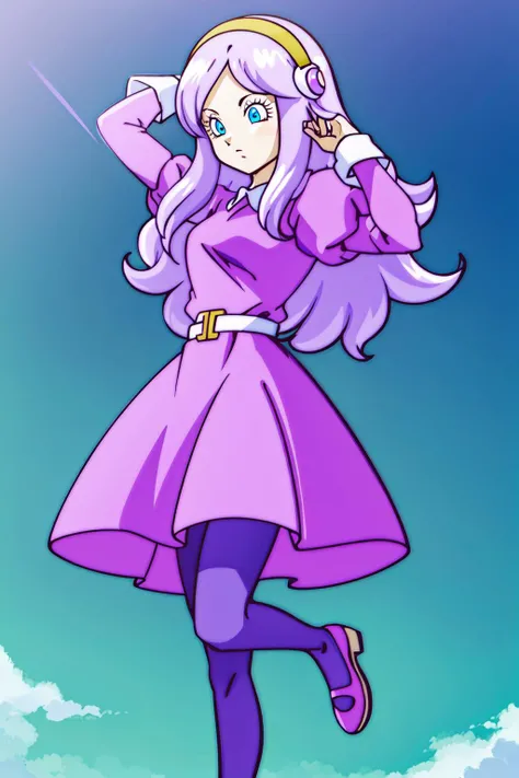 brianne, 1girl, mid transformation, solo, long hair, blue eyes, dress, pink hair, purple_pantyhose, purple footwear, touching hair, pale skin, hairband, mary janes, white belt, yellow hairband, white collar, small breasts, purple hair, purple dress, puffy sleeves, sleeve_cuffs, knee up, juliet sleeves, hair ornament, eyelashes, eyebrows, from below, midair, jumping, arms up, fingernails, long sleeves
<lora:BriannedeChateau:0.8>