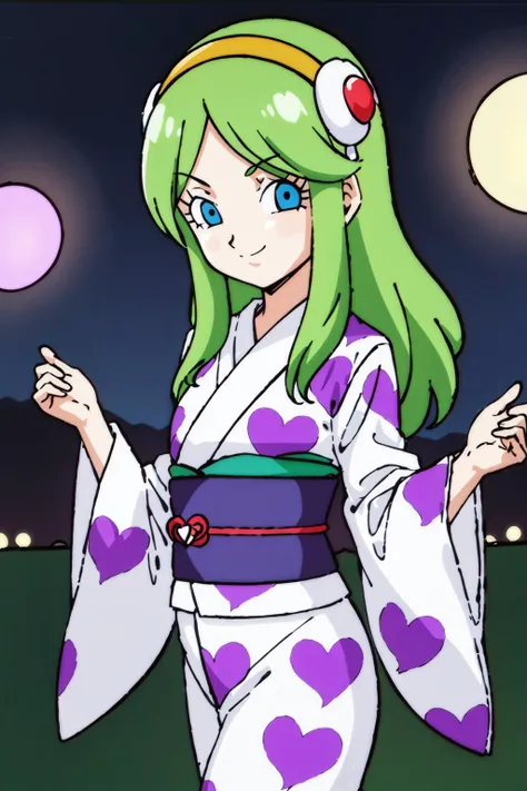brianne, 1girl, solo, long hair, smile, blue eyes, heart, hairband, japanese clothes, green hair, heart print, kimono, sash, obi, yukata, white kimono, eyelashes, eyebrows, hair ornament, clothes grab, looking at viewer, small breasts, yellow hairband
 <lora:BriannedeChateau:0.7>
