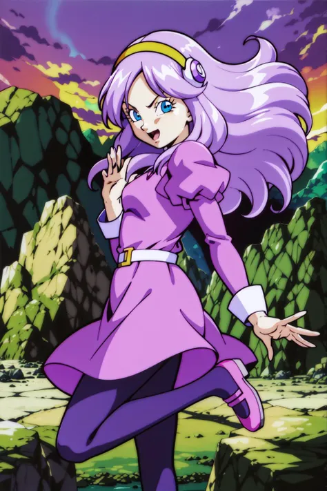 brianne, mid transformation, 1girl, solo, long hair, open mouth, blue eyes, dress, hairband, purple hair, mary janes, white belt, purple pantyhose, green sky, eyebrows, eyelashes, floating hair, long sleeves, looking at viewer, juliet sleeves, mountain, outstretched_hand, outstretched arm, purple dress, purple footwear, puffy sleeves, sleeve_cuffs, from side, knee up, wind lift, standing on one leg, small breasts, v-shaped eyebrows, yellow hairband, rock, hair ornament, smug, tongue, pointy nose, pantyshot,
<lora:BriannedeChateau:0.7>