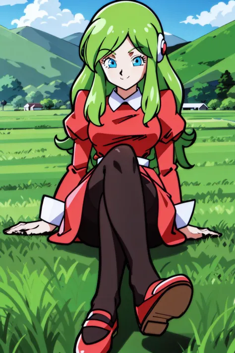 brianne, 1girl, solo, long hair, looking at viewer, smile, blue eyes, green hair, long sleeves, dress, medium breasts, juliet sleeves, sitting, green hair, mary janes, puffy sleeves, legs, black pantyhose, field, crossed legs, outstretched arm, arm at side, red dress, red_footwear, sleeve_cuffs, shoe soles, white collar, white belt
<lora:BriannedeChateau:0.8>