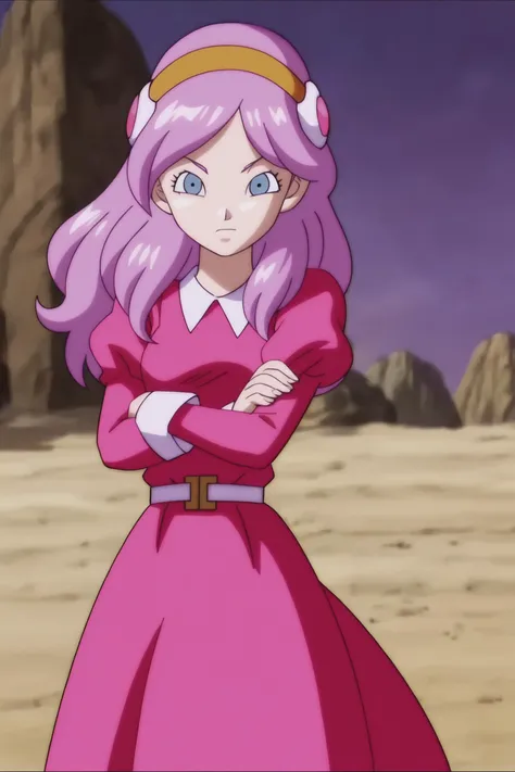 source_anime, score_9, score_8_up, score_7_up, anime screencap,
brianne, 1girl, mid transformation, solo, long hair, blue eyes, dress, pink hair, desert, pale skin, hairband, mary janes, white belt, yellow hairband, white collar, small breasts, purple hair, purple dress, puffy sleeves, sleeve_cuffs, juliet sleeves, hair ornament, crossed arms, fingernails, long sleeves, cowboy shot, upper body,
<lora:brianne_pony_v1:0.8>