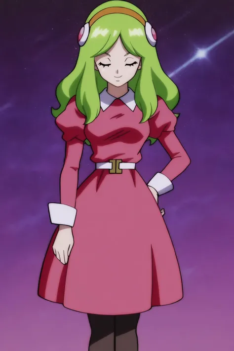 source_anime, score_9, score_8_up, score_7_up, anime screencap,
brianne, 1girl, solo, long hair, smile, bangs, long sleeves, dress, closed mouth, juliet sleeves, standing, closed eyes, hairband, green hair, puffy sleeves, white belt, black pantyhose, star \(sky\), pink dress, yellow hairband, v-shaped eyebrows, white collar, sleeve_cuffs, small breasts, eyebrows, eyelashes, arm at side, hair ornament, red dress
<lora:brianne_pony_v1:0.8>