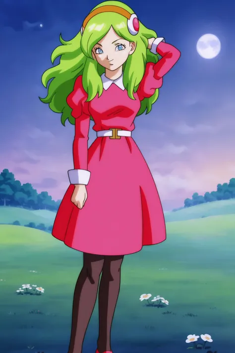 source_anime, score_9, score_8_up, score_7_up, anime screencap,
brianne, 1girl, solo, long hair, smile, facing to the side, looking_at_viewer, eyelashes, eyebrows, sleeve_cuffs, blue eyes, long sleeves, dress, black pantyhose, hairband, outdoors, green hair, juliet sleeves, sky, white belt, night, moon, pink dress, grass, full moon, mountain, clenched_hand, arm up, arm at side, pointy nose, small breasts, floating hair, puffy sleeves, yellow hairband, white collar
<lora:brianne_pony_v1:0.8>
