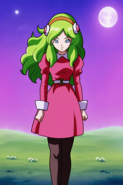 source_anime, score_9, score_8_up, score_7_up, anime screencap,
brianne, 1girl, solo, long hair, smile, facing to the side, looking_at_viewer, eyelashes, eyebrows, sleeve_cuffs, blue eyes, long sleeves, dress, black pantyhose, hairband, outdoors, green hair, juliet sleeves, sky, white belt, night, moon, pink dress, grass, full moon, mountain, clenched_hand, arm up, arm at side, pointy nose, small breasts, floating hair, puffy sleeves, yellow hairband, white collar
<lora:brianne_pony_v1:0.8>