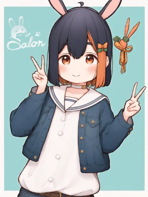<lora:xl_Colored lead(a3.1):1>,caiqian style,1girl, solo, virtual youtuber, animal ears, rabbit ears, dress, v, jacket, blue hair, carrot hair ornament, hair ornament, white dress, food-themed hair ornament, :3, looking at viewer, hand on hip, thick eyebrows, denim jacket, blush, eyebrows visible through hair, long sleeves, fur trim, bangs, smile, choker, ribbon, hair ribbon, blue jacket, open clothes, short hair, breasts, denim, carrot, open jacket, collarbone, orange eyes, multicolored hair, closed mouth, short eyebrows, hair between eyes, white choker, hand up, bunny-shaped pupils, alternate costume, sailor collar, brown eyes, character name, belt, rabbit girl, masterpiece,best quality,