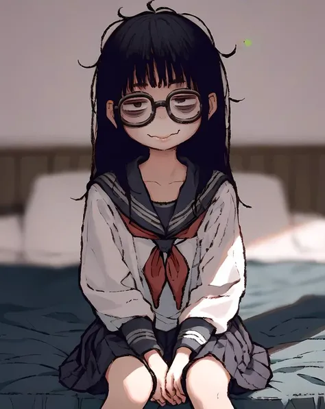 score_9, score_8_up, score_7_up, source_anime,
1girl, teenage, collarbone, japanese, flat chest, looking at viewer, jitome, black hair, messy hair, school uniform, long hair, bags under eyes, lips, black-framed eyewear, light smile, wavy mouth, sitting,
bed, bedroom , blurry background,
<lora:XL_Colored lead(pony)2:1> caiqian style
