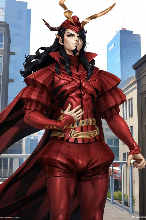 masterpiece, best quality, city, upper body, cowboy shot
<lora:zs_Mephisto:1> mephistosmt, black hair, long hair, cape, horns, helmet, facial hair, puffy sleeves, armor, boots