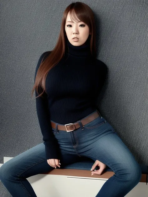 itomiTanaka768,  tight turtleneck, jeans, office,  photography, trending on artstation, sharp focus, studio photo, intricate details, highly detailed, by greg rutkowski <lora:HitomiTanaka768:0.7>