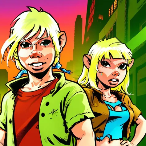GTA-style artwork szninkiel Gwel girl and boy Jon <lora:szninkiel:1>  . Satirical, exaggerated, pop art style, vibrant colors, iconic characters, action-packed