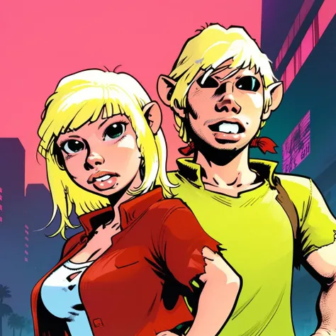 GTA-style artwork szninkiel Gwel girl and boy Jon <lora:szninkiel:1> . Satirical, exaggerated, pop art style, vibrant colors, iconic characters, action-packed