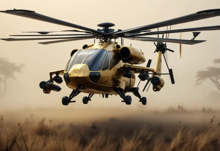 (medium full shot) of (stealthy massive gold helicopter) with carbon-fiber body, turboshaft, advanced shielding, nanobot swarms, set in in pursuit of poachers in the savannah, the helicopter providing aerial support, amid dense fog, ,Masterpiece,best quality, raw photo, realistic, very aesthetic