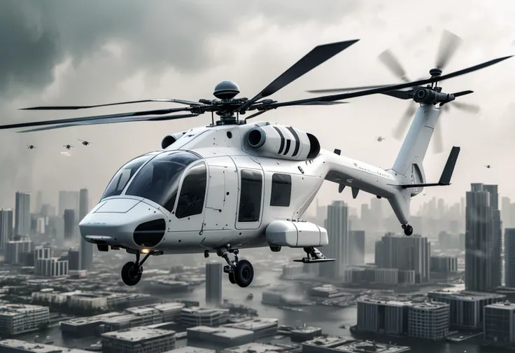 (medium full shot) of (advanced small white helicopter) with stealth-coating body, hybrid propulsion, modular sections, rotor blade designs, set in patrolling the skies over a city in turmoil, the helicopter scanning for enemy activity, ,Masterpiece,best quality, raw photo, realistic, very aesthetic