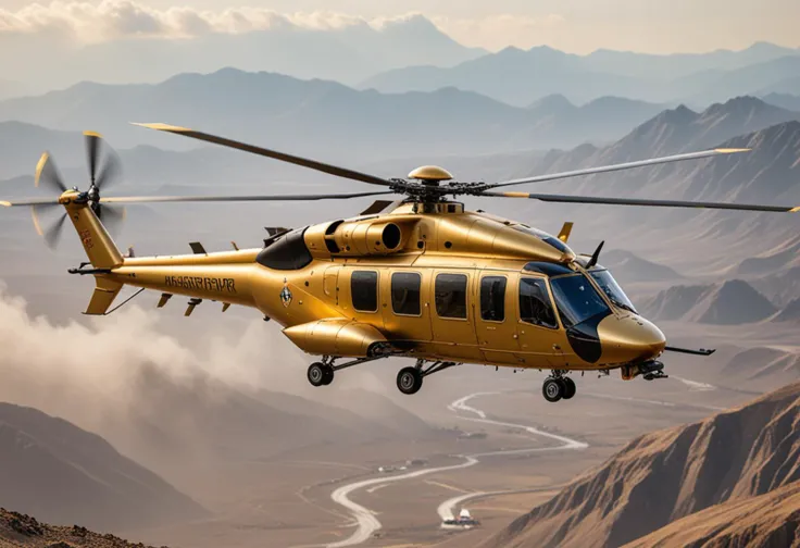 (medium full shot) of (robust expansive gold helicopter) with stealth-coating body, electric motors, aerodynamic fins, adorned with military insignias, set in  battling strong winds at high altitudes, the helicopter's engines working overtime, Masterpiece,best quality, photo, realistic, very aesthetic,