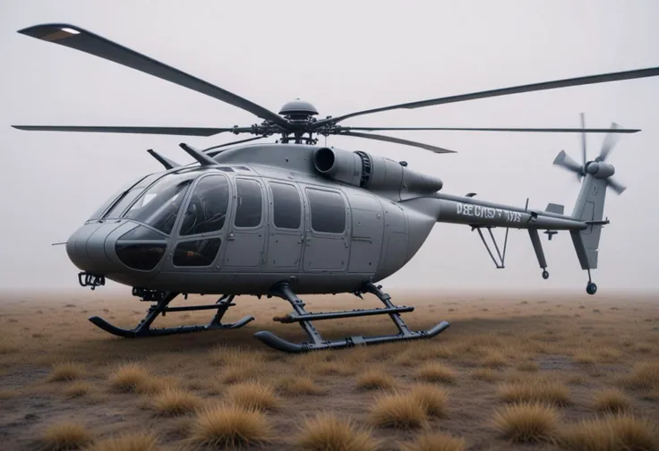 (medium full shot) of (futuristic small matte-gray helicopter) with reflective-coating body, turboshaft, modular sections, ethereal auras, set in landing in the middle of the savannah, the helicopter setting down on the open plain, amid dense fog, Masterpiece,best quality, photo, realistic, very aesthetic,