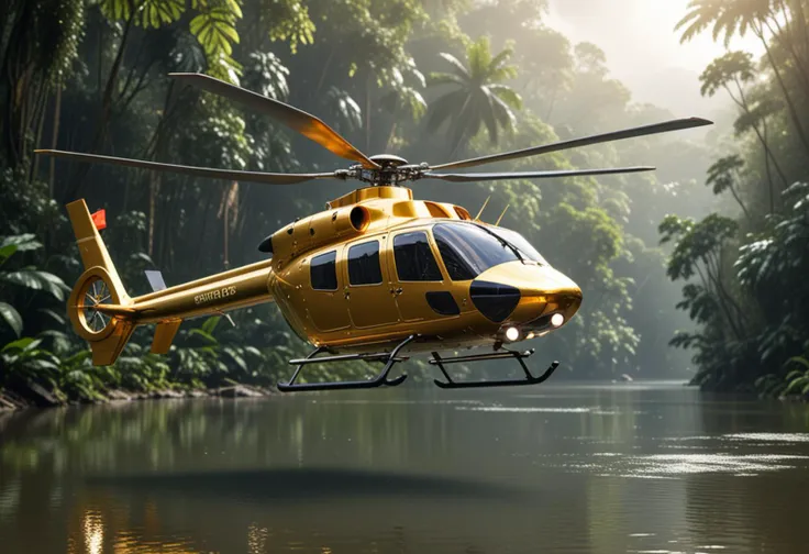 (medium full shot) of (advanced compact gold helicopter) with reflective-coating body, electric motors, segmented body, luminescent surfaces, set in  hovering above a river in the rainforest, the helicopter conducting a search and rescue mission, Masterpiece,best quality, photo, realistic, very aesthetic,