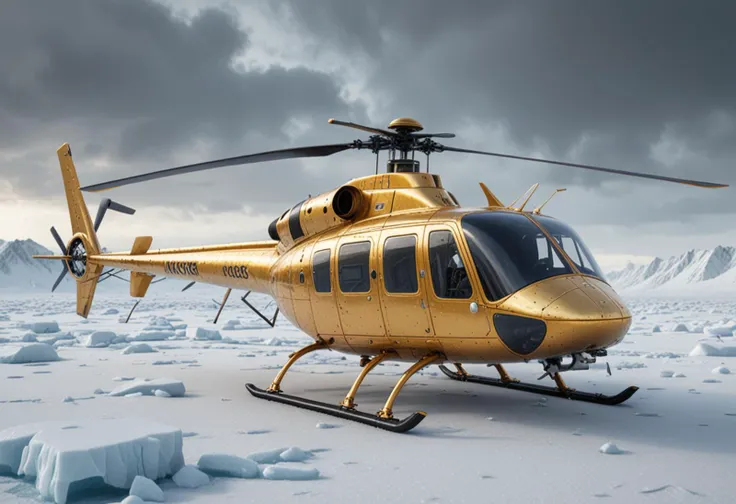 (medium full shot) of (retro medium-sized gold helicopter) with carbon-fiber body, piston engine, elegant curves, nanobot swarms, set in  surveying the icy wilderness, the helicopter capturing data on the arctic environment, during a storm, Masterpiece,best quality, photo, realistic, very aesthetic,