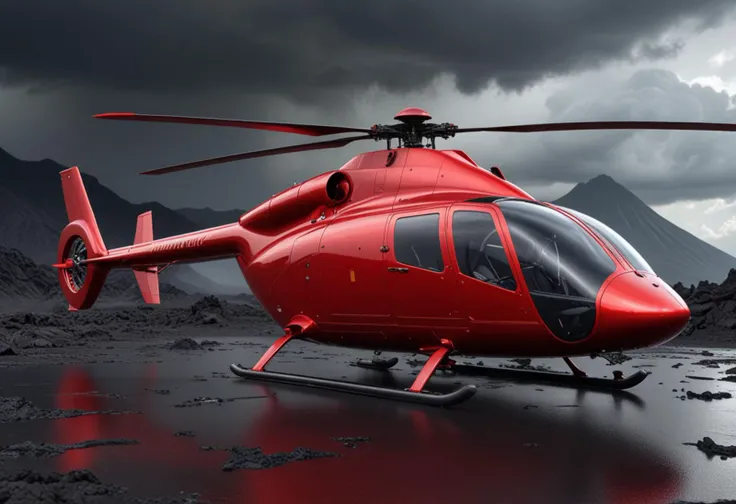 (medium full shot) of (streamlined minuscule metallic-red helicopter) with stealth-coating body, piston engine, elegant curves, luminescent surfaces, set in enduring the intense heat near a volcano, the helicopter's systems straining to cope with the conditions, during a storm, Masterpiece,best quality, photo, realistic, very aesthetic,