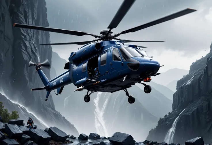 (medium full shot) of (agile expansive navy-blue helicopter) with titanium-alloy body, piston engine, robust armored plating, nanobot swarms, set in  hovering near a mountain cliff, the helicopter rescuing stranded climbers, during a storm, ,Masterpiece,best quality, photo, realistic, very aesthetic