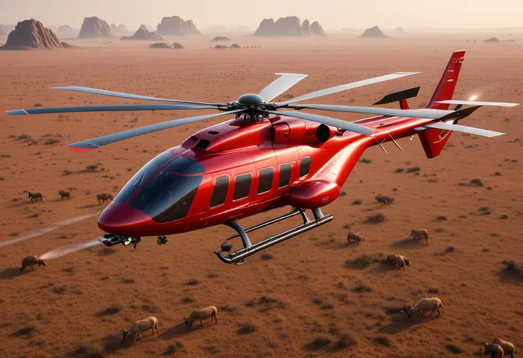(medium full shot) of (streamlined massive metallic-red helicopter) with carbon-fiber body, turboprop, sleek aerodynamic design, adorned with glowing energy lines, set in flying over the vast savannah, with herds of animals visible below, the helicopter conducting a wildlife survey, Masterpiece,best quality, photo, realistic, very aesthetic,