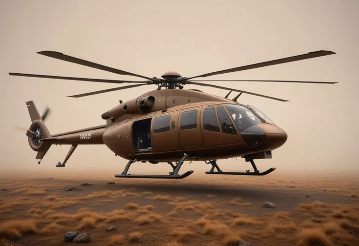 (medium full shot) of (sleek minuscule bronze helicopter) with stealth-coating body, turboshaft, elegant curves, glowing panels, set in landing on a plateau, the helicopter providing a drop-off point for explorers, amid dense fog, Masterpiece,best quality, photo, realistic, very aesthetic,