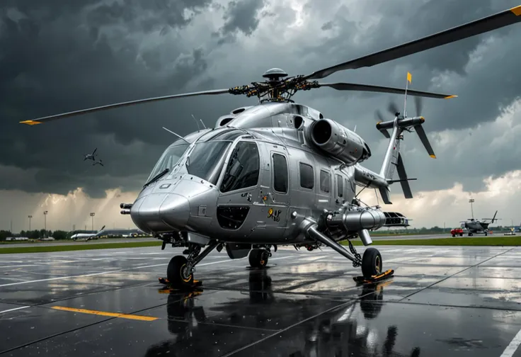 (medium full shot) of (formidable gigantic silver helicopter) with carbon-fiber body, piston engine, sleek aerodynamic design, adorned with military insignias, set in refueling at a helipad, the helicopter preparing for the next mission , during a storm, ,Masterpiece,best quality, photo, realistic, very aesthetic,