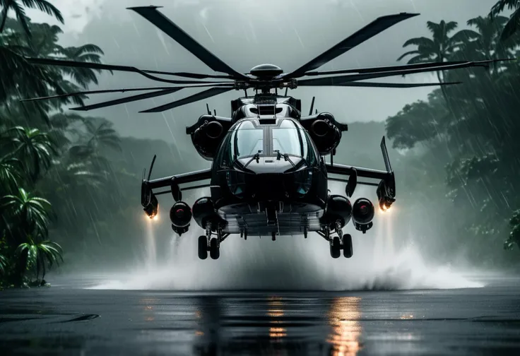 (medium full shot) of (utilitarian massive black helicopter) with reflective-coating body, turboshaft, aerodynamic fins, glowing panels, set in navigating through a tropical storm in the rainforest, the helicopter battling intense weather conditions, during a storm, ,Masterpiece,best quality, raw photo, realistic, very aesthetic