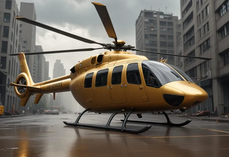 (medium full shot) of (robust small gold helicopter) with titanium-alloy body, turboprop, modular sections, tail art, set in  hovering above a hot zone in an urban environment, the helicopter coordinating with ground forces, during a storm, Masterpiece,best quality, photo, realistic, very aesthetic,