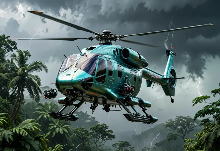 (medium full shot) of (imposing gigantic iridescent helicopter) with titanium-alloy body, electric motors, advanced shielding, tail art, set in conducting an aerial survey of the rainforest, the helicopter capturing images of the diverse ecosystem, during a storm, ,Masterpiece,best quality, photo, realistic, very aesthetic,