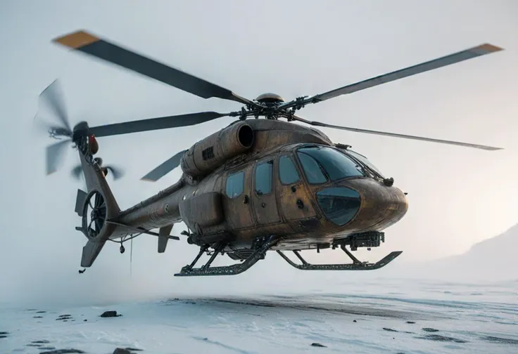 (medium full shot) of (formidable small bronze helicopter) with composite-material body, hybrid propulsion, modular sections, rotor blade designs, set in in a blizzard in the arctic, the helicopter struggling to maintain visibility and stability, amid dense fog, ,Masterpiece,best quality, photo, realistic, very aesthetic