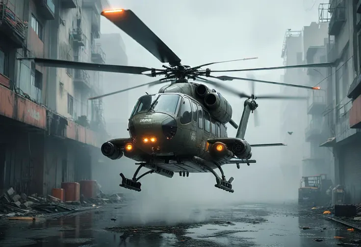 (medium full shot) of (utilitarian minuscule camouflaged helicopter) with reinforced-steel body, piston engine, elegant curves, glowing panels, set in  hovering above a hot zone in an urban environment, the helicopter coordinating with ground forces, amid dense fog, ,Masterpiece,best quality, photo, realistic, very aesthetic