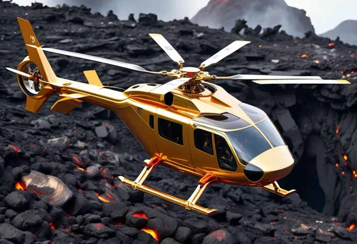 (medium full shot) of (agile minuscule gold helicopter) with composite-material body, turbojet, stealth design, sensor arrays, set in  hovering above a lava flow, the helicopter rescuing individuals trapped by the advancing molten rock, ,Masterpiece,best quality, raw photo, realistic, very aesthetic