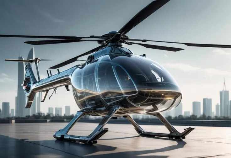 (medium full shot) of (futuristic medium-sized translucent helicopter) with titanium-alloy body, hybrid propulsion, advanced shielding, ethereal auras, set in on standby at a helipad, the helicopter ready for immediate deployment , ,Masterpiece,best quality, raw photo, realistic, very aesthetic