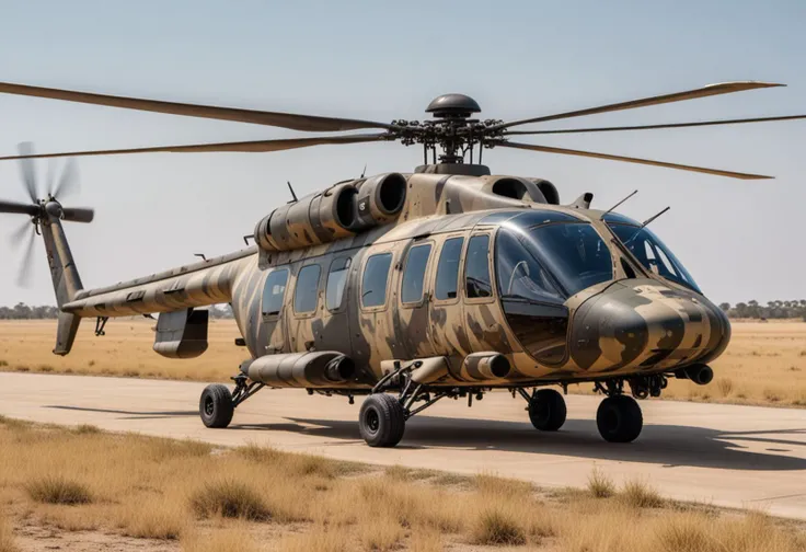 (medium full shot) of (robust gigantic camouflaged helicopter) with carbon-fiber body, electric motors, advanced shielding, rotor blade designs, set in landing in the middle of the savannah, the helicopter setting down on the open plain, Masterpiece,best quality, photo, realistic, very aesthetic,