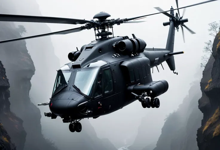 (medium full shot) of (stealthy medium-sized black helicopter) with reflective-coating body, turboshaft, segmented body, ethereal auras, set in flying through a narrow canyon, the helicopter navigating the twists and turns with precision, amid dense fog, ,Masterpiece,best quality, photo, realistic, very aesthetic