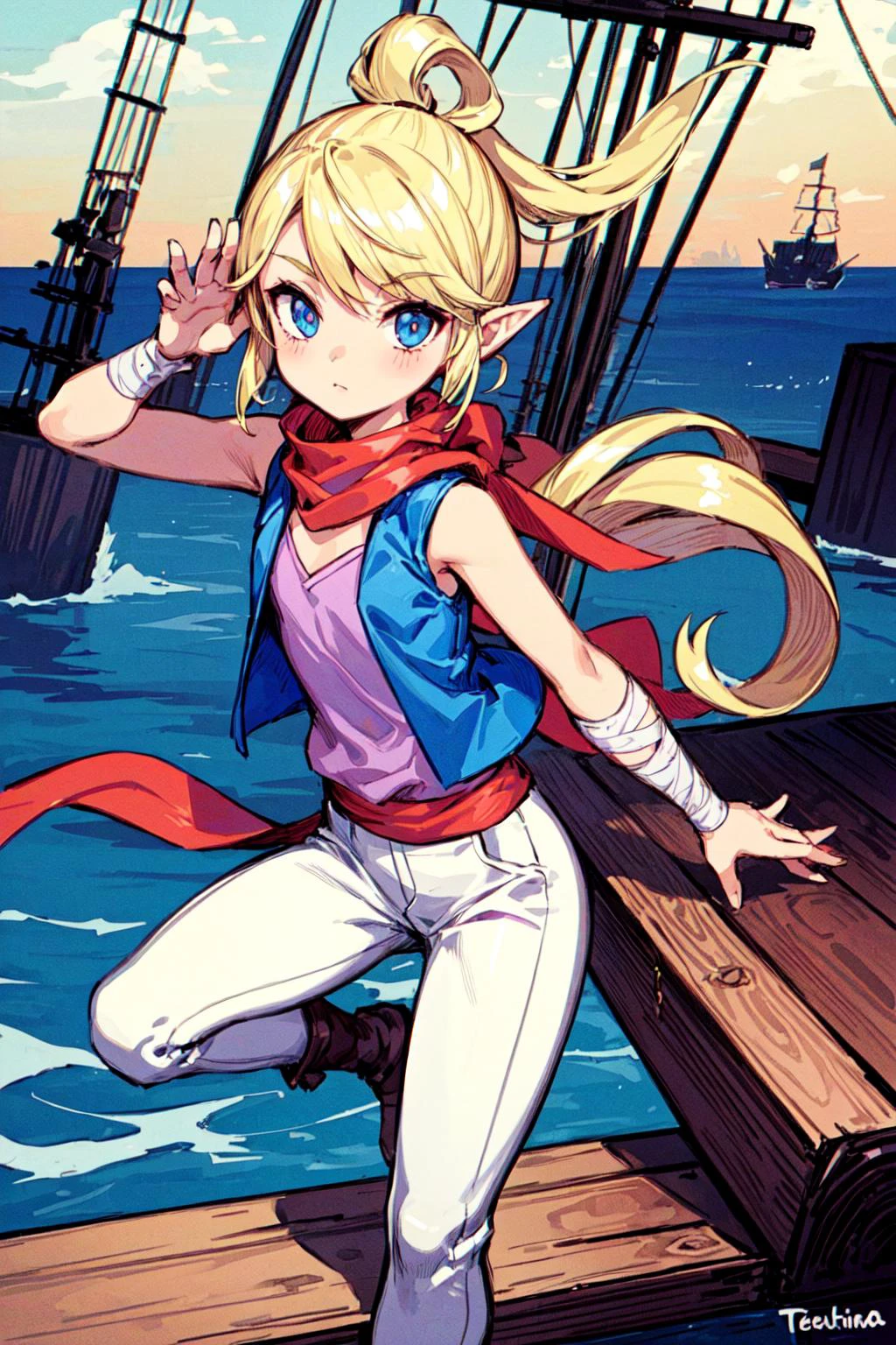 1girl, , flat chest, solo, white slim pants, purple sleeveless shirt, blue vest, red scarf, red sash, forearm bandage, <lora:Tetra_Zelda:0.6>, Tetra_Zelda, outdoors, island, docks, pirate ship, dynamic pose, <lora:add_detail:0.7>,