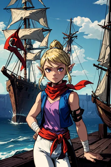 1girl, , flat chest, solo, white slim pants, purple sleeveless shirt, blue vest, red scarf, red sash, forearm bandage, <lora:Tetra_Zelda:0.6>, Tetra_Zelda, outdoors, island, docks, pirate ship, dynamic pose, <lora:add_detail:0.7>,