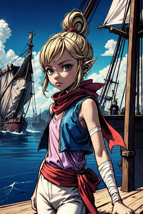 1girl, , flat chest, solo, white slim pants, purple sleeveless shirt, blue vest, red scarf, red sash, forearm bandage, <lora:Tetra_Zelda:0.6>, Tetra_Zelda, outdoors, island, docks, pirate ship, dynamic pose, <lora:add_detail:0.7>,