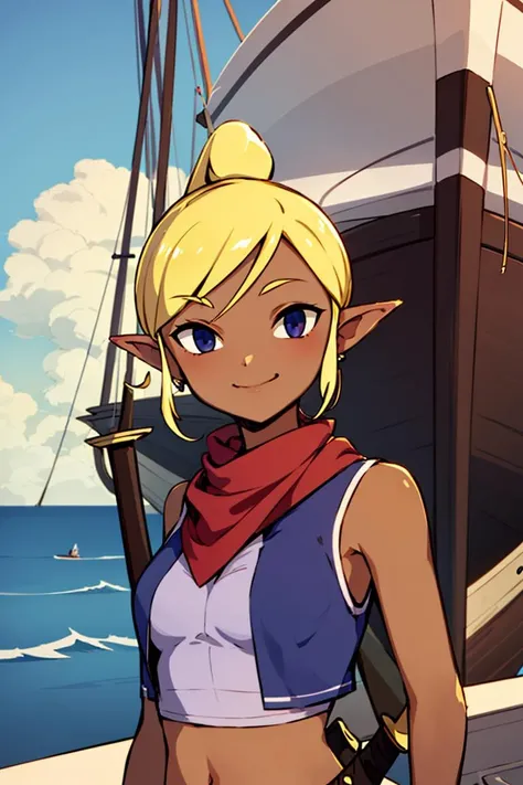 ((masterpiece,best quality)), absurdres,
<lora:Tetra_Zelda:0.8>, Tetra_Zelda, (detailed face:1), midriff, smile, upper body, tan, sword on shoulder,
sea and boat in background, cinematic composition,