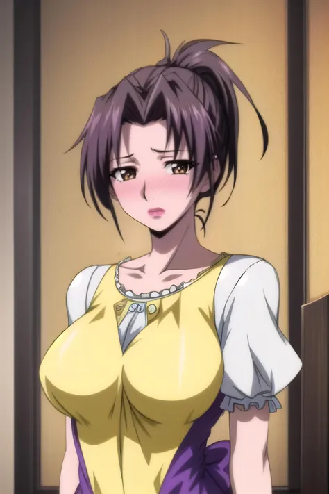 yuanshen,1girl,solo,short hair,looking at viewer,black hair,upper body,breasts,lipstick,ribbon,collarbone,yellow dress,short sleeves,makeup,black eyes,brown hair,puffy sleeves,full-face blush,<lora:add_detail:0.5>,<lora:epiNoiseoffset_v2:0.5>,<lora:EnvyBetterHands LoCon_beta2:1>,<lora:美沙子1:0.8>,(masterpiece, High Quality, best quality:1.4),colorful,vibrant,highly detailed,hentai,4K,trending on pixiv,looking at viewer,brown eyes,lips,from view,large breasts,ponytail,short hair,