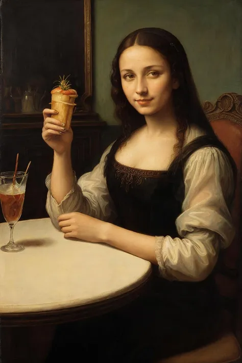 painted portrait of Mnlsa, a woman sitting in a resturant, on a dinner date, hotdog, french fries, coke, sitting across the table from you, looking at the camera, antique colors, (masterpiece:1.1), (best quality:1.1), beautiful, (intricate details), unity 8k wallpaper, ultra detailed, aesthetic, perfect lighting,   <lora:Mnlsa_V1-000008:0.77>