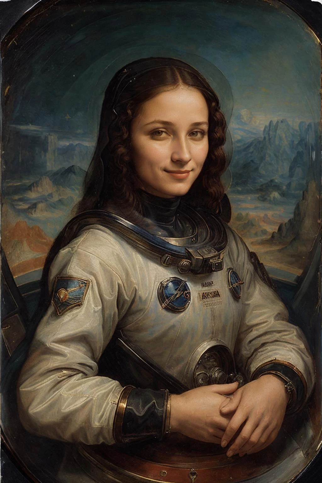 painted portrait of Mnlsa, a woman as an cosmonaut, in a space suit, in outer space, smiling, looking at the camera, antique colors, (masterpiece:1.1), (best quality:1.1), beautiful, (intricate details), unity 8k wallpaper, ultra detailed, aesthetic, perfect lighting, <lora:Mnlsa_V1-000008:0.8>