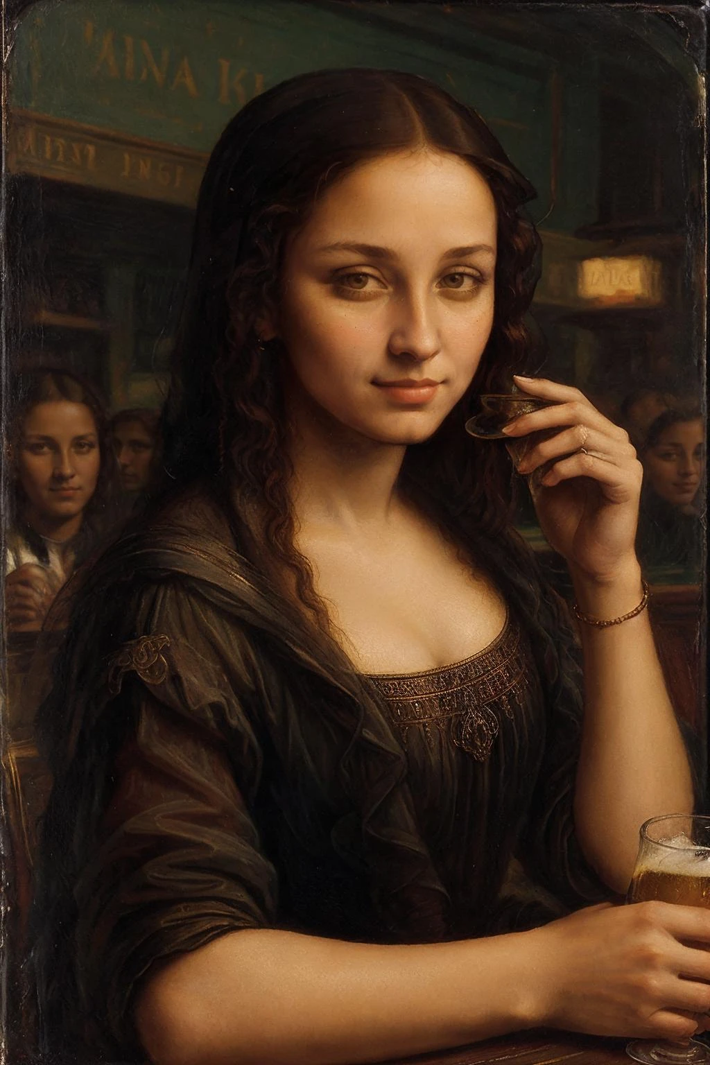 painted portrait of Mnlsa, a woman sitting at a crowded bar, holding a beer, lots of single men checking her out, looking at the camera, antique colors, (masterpiece:1.1), (best quality:1.1), beautiful, (intricate details), unity 8k wallpaper, ultra detailed, aesthetic, perfect lighting, <lora:Mnlsa_V1-000008:0.8>