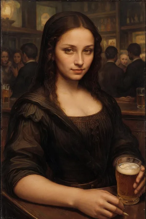 painted portrait of Mnlsa, a woman sitting at a crowded bar, holding a beer, lots of single men checking her out, looking at the camera, antique colors, (masterpiece:1.1), (best quality:1.1), beautiful, (intricate details), unity 8k wallpaper, ultra detailed, aesthetic, perfect lighting, <lora:Mnlsa_V1-000008:0.8>