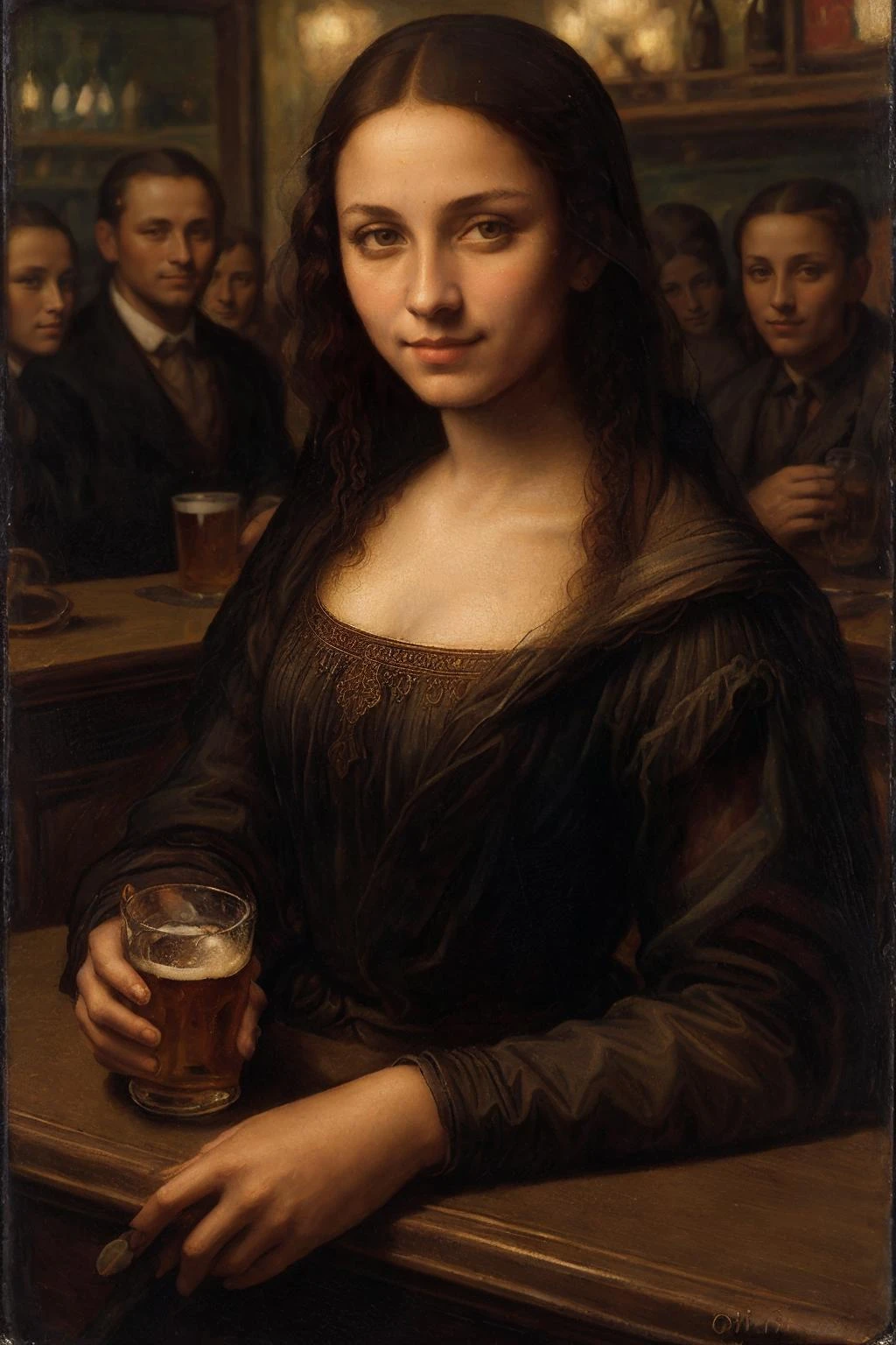painted portrait of Mnlsa, a woman sitting at a crowded bar, holding a beer bottle, lots of single men, looking at the camera, antique colors, (masterpiece:1.1), (best quality:1.1), beautiful, (intricate details), unity 8k wallpaper, ultra detailed, aesthetic, perfect lighting, <lora:Mnlsa_V1-000008:0.8>